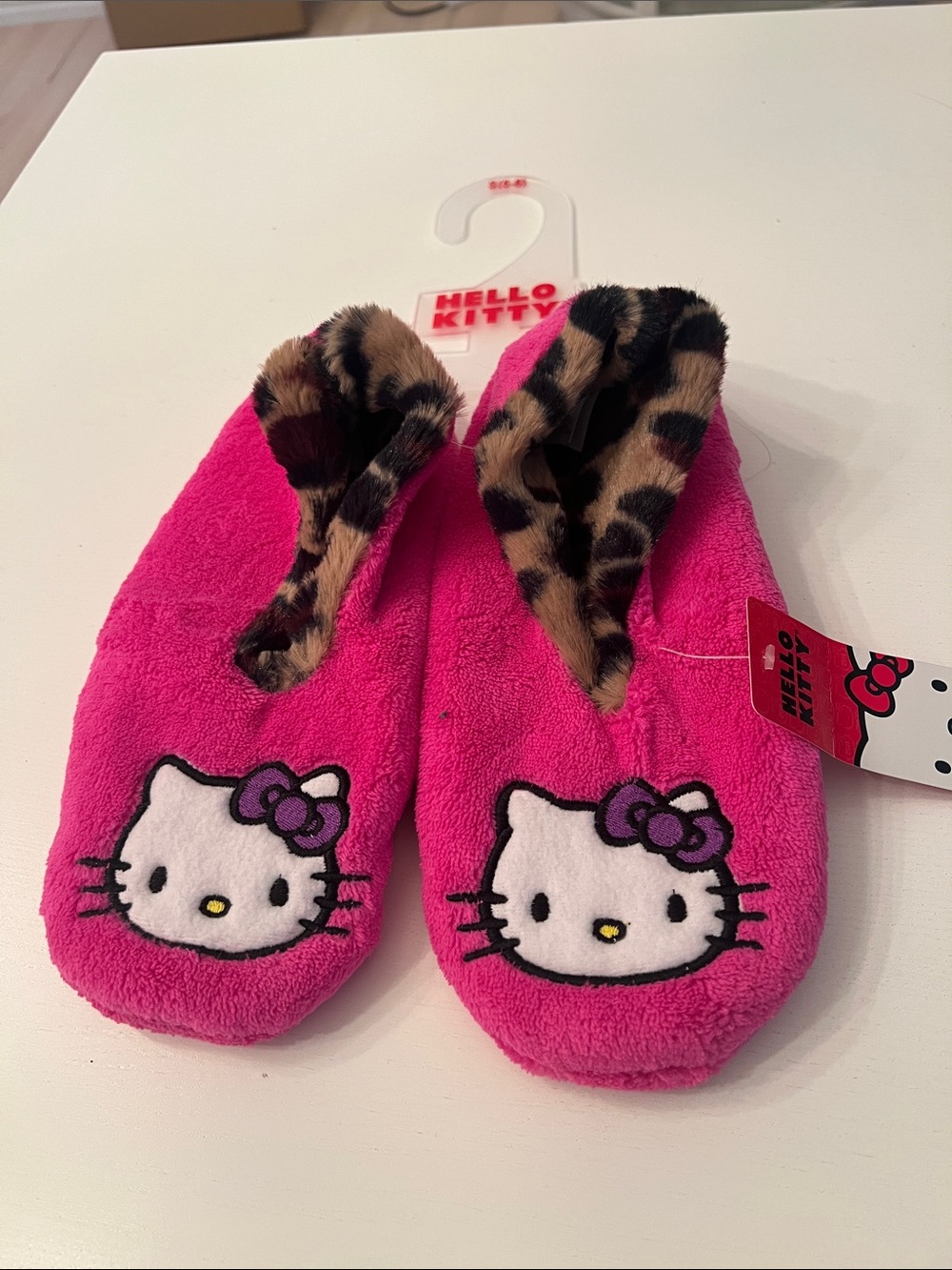 Hello Kitty Bright Pink Plush Slippers with Leopard Trim
